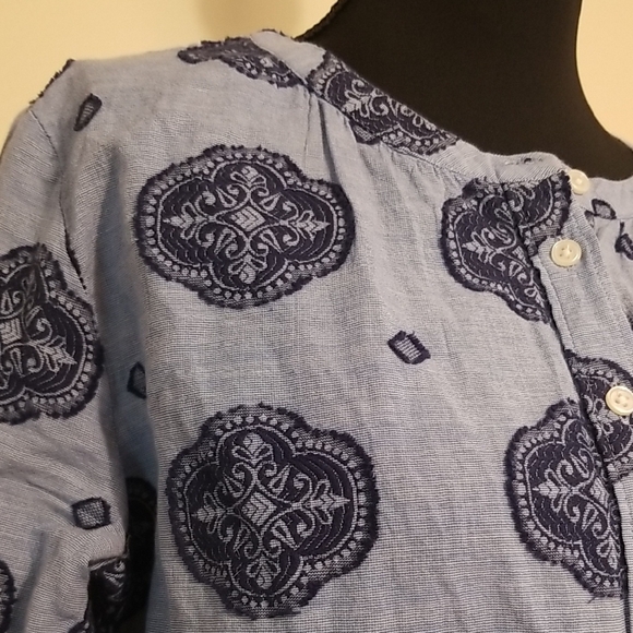 LOFT Women's Boho Blue Medallion Blouson Sleeve Cotton Button Up Tunic Top Small - Picture 7 of 13